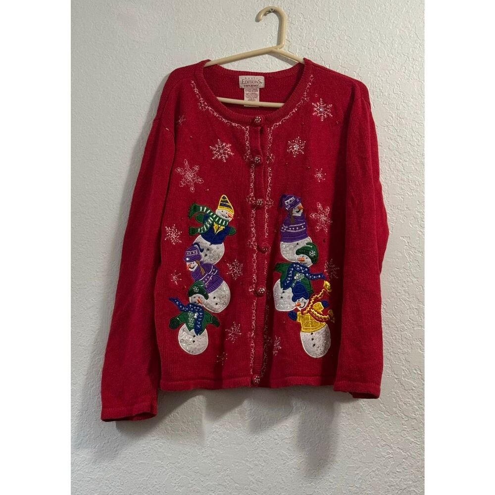 Basic Editions Holiday Vintage Women Cardigan Sweater XL Christmas Snowmen Red